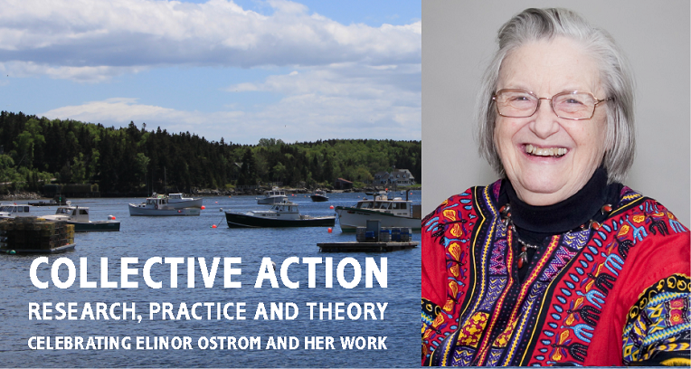 Image of Elinor Ostrom and fishing boats in a harbor.