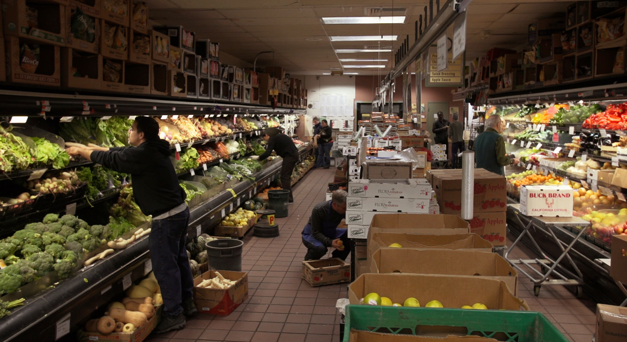 Members of Park Slope Food Coop stock the produce aisle. 