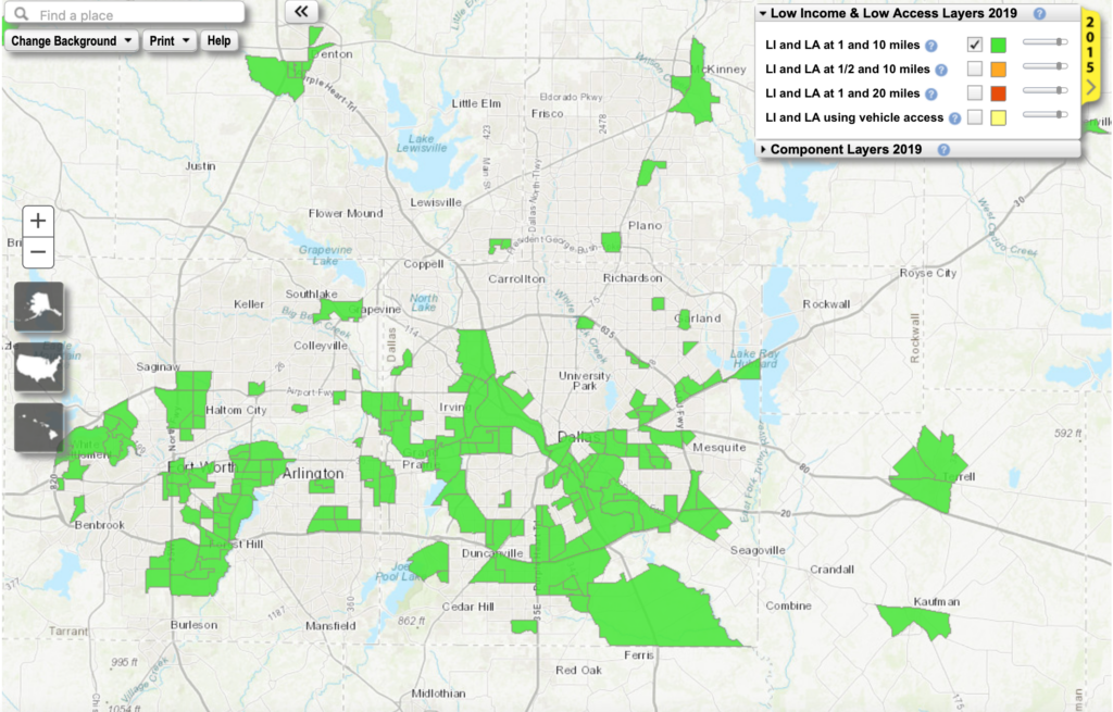This map displays the extend to which food deserts (urban areas where it is difficult to buy affordable or good-quality fresh food) plague the general DFW area.