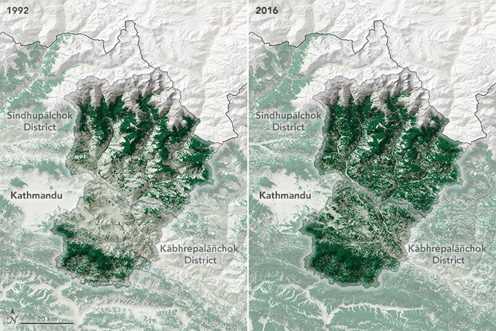 Map of forest cover in two districts of Nepal in 1992 and 2016.
