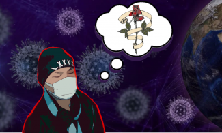 Illustration of a man in a surgical mask dreaming of a rose.