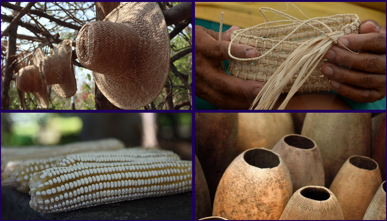Arts and crafts from Coporo Indigena including straw hats and gourds.